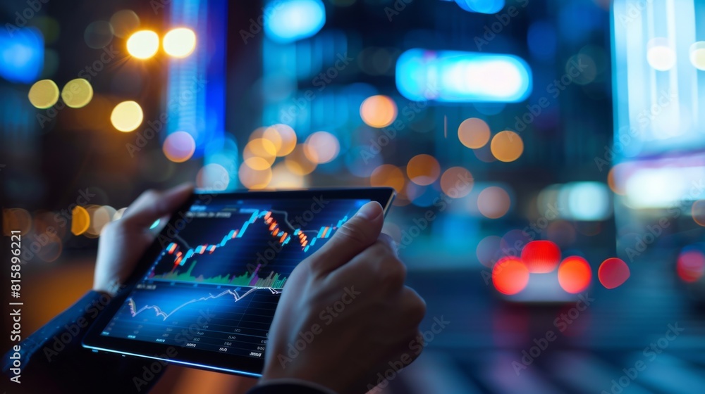 Aufkleber a hand holding a tablet displaying real-time stock market data, emphasizing the importance of stayin