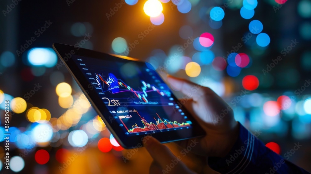 Aufkleber a hand holding a tablet displaying real-time stock market data, emphasizing the importance of stayin