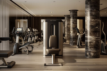 Modern luxury wear house workout room with high-end gym equipment and a sleek design, viewed from the front.