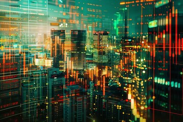 Financial graphs displayed over a cityscape