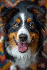 Fototapeta premium View from above of a happy mixed breed dog looking up at the camera. border collie