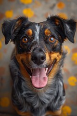 Fototapeta premium View from above of a happy mixed breed dog looking up at the camera. 