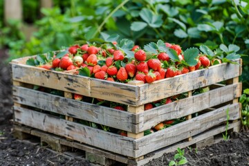 wooden crate full of ripe red strawberry; garden on background 