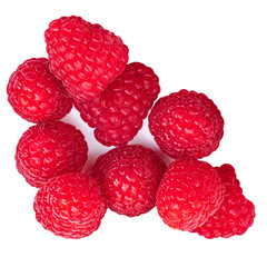 Fresh ripe raspberries isolated on white background, top view, flat lay.