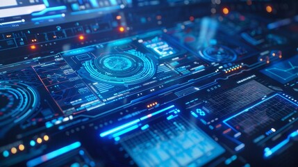 Obraz premium Futuristic blue holographic interface with data analytics