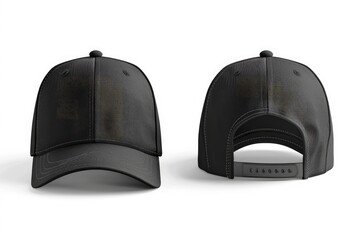 A pair of black baseball caps with cutouts on the front and side views. Generative Ai