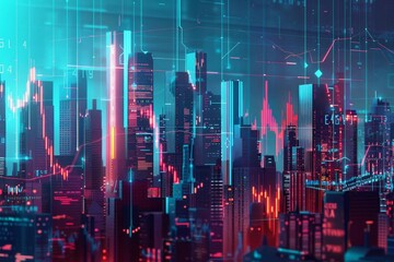 Futuristic cityscape visualized with vibrant digital financial graphs