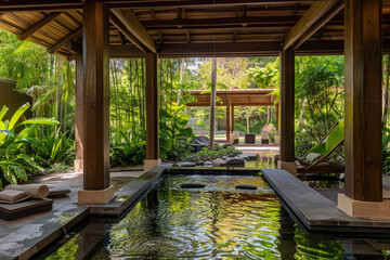 A tranquil Zen spa adorned with bamboo accents, soothing water features, and plush relaxation areas, offering a sanctuary for rejuvenation, relaxation, and holistic wellness treatments.