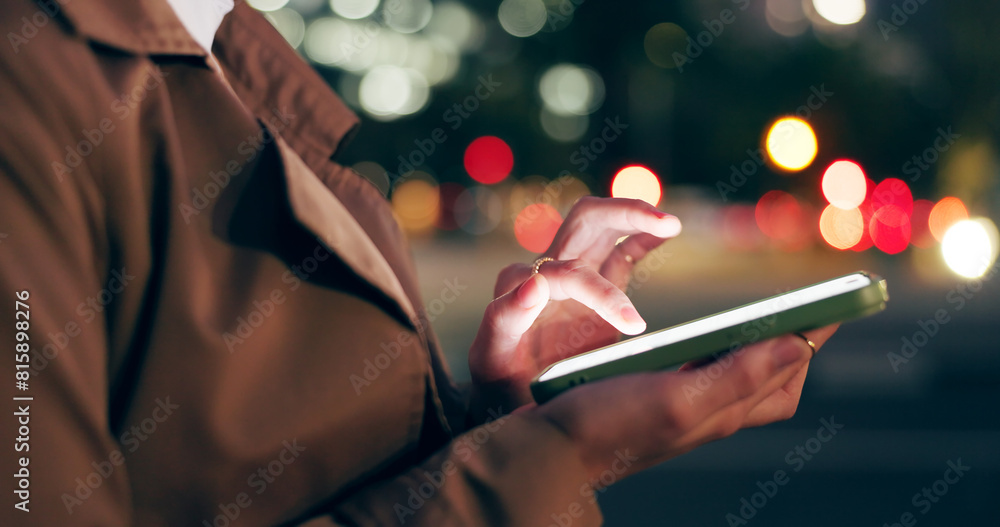 Poster woman, hands and outdoor with texting on smartphone on smile at night for conversation on social med