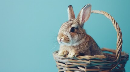 Adorable bunny in a woven basket against a soft blue backdrop