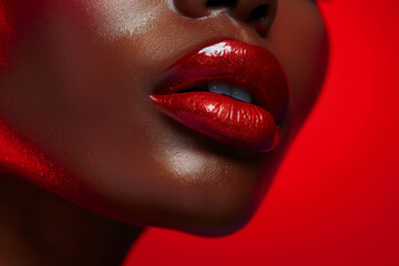 Obraz premium Close-up of a woman's luscious lips in vibrant red lipstick, exuding elegance and seduction on a deep red background