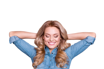 Close-up portrait of her she nice cute fascinating charming attractive magnificent cheerful cheery wavy-haired lady closed eyes having day off isolated over gray violet purple pastel background