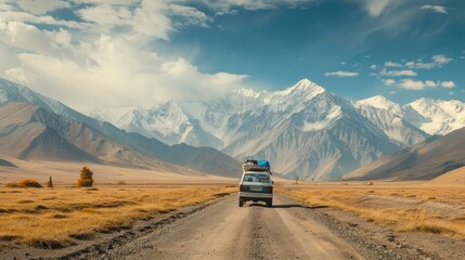 an SUV car equipped with a roof box traversing a scenic mountain road, symbolizing the freedom and excitement of family vacations and travel adventures amidst breathtaking summer landscapes.