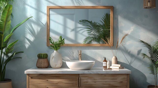 modern minimalistic bathroom design featuring a wooden framed mirror on the wall, showcasing the concept of mirror reflection