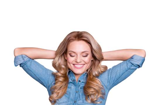 Close-up portrait of her she nice cute fascinating charming attractive magnificent cheerful cheery wavy-haired lady closed eyes having day off isolated over gray violet purple pastel background