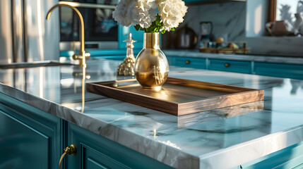 Luxury modern and vintage turquoise interior Marble kitchen island with wooden chockers Brown wooden table with metalic tray and metalic gold vase with white decorations : Generative AI
