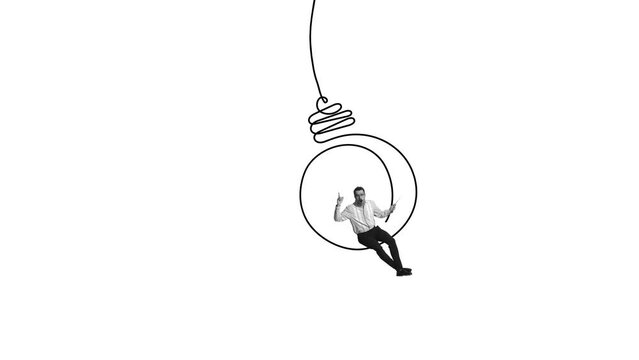 Businessman sitting on lightbulb symbolizing creative ideas for company growth, development of startups and innovative thinking. Stop motion, animation. Single line drawing. Business, success concept