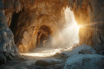 Empty tomb with a rocky cave made of stone and a burst of light. Generative Ai