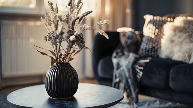 Warm and cozy living room interior with black armchair round coffee table patterned pillow navy carpet vase with dried flowers and personal accessories Home decor Template : Generative AI