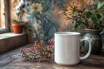 11oz coffee mug mockup blank white cup for own design presentation on a table surrounded by spring flowers	