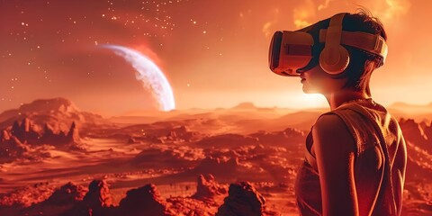 Fototapeta premium Interstellar Frontier Voyaging Through a Futuristic Martian Colony in Immersive Virtual Reality