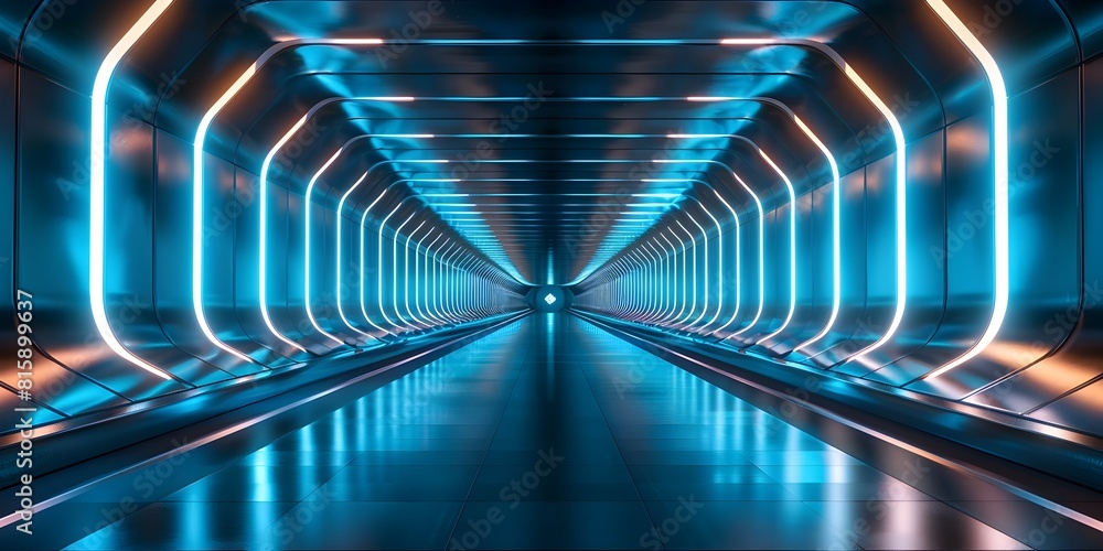 Poster immersive sci fi tunnel corridor with vibrant neon lighting and abstract digital architecture in fut