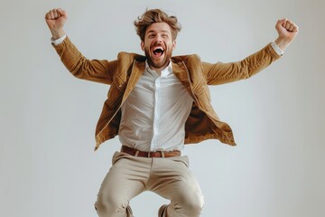 Excited young man jumping and celebrating success on a neutral background