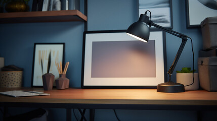 A close-up shot of an empty, modern picture frame with clean lines, reflecting the soft glow of a desk lamp.