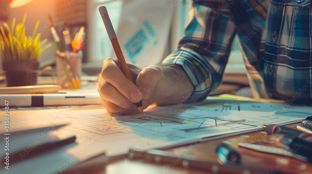 Poster architect designer interior creative working hand drawing sketch plan blueprint selection material c