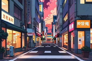 Japanese street, sunset, Anime style illustration, anime background