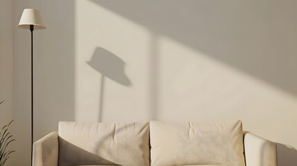Beige sofa against white empty wall with copy space in simple living room interior with lamp : Generative AI