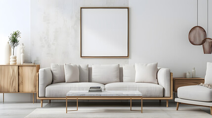 Interior design of modern living room interior with mock up poster frame modern sofa wooden sideboard glass coffee table rug wall with stucco and personal accessories Home decor Templa : Generative AI