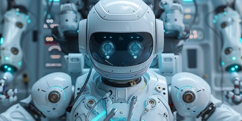 Fototapeta premium Advanced humanoid robot with a detailed mechanical design in a futuristic factory