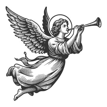 angel with majestic wings playing a horn trumpet, set against radiant light sketch engraving generative ai fictional character vector illustration. Scratch board imitation. Black and white image.