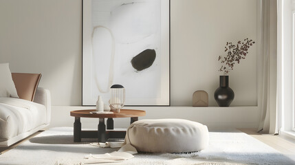 Interior design of modern living room interior with mock up poster frame beige pillow black stand white slippers carpet stylish coffee table and personal accessories Home decor Templat : Generative AI