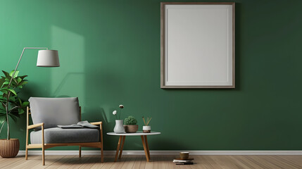 Green living room wall background with grey decorative chair lamp frame middle table and poster style : Generative AI