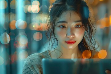 Young Asian woman using a digital tablet in a vibrant, bokeh light setting
