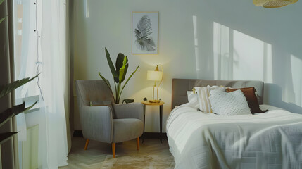 Stylish composition of bedroom in modern glamour interior design with armchair grey coffe table tropical posters and beautiful personal accessories Mock up poster Template : Generative AI