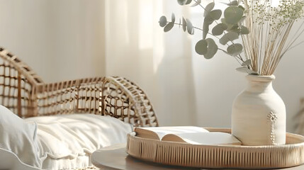 Wicker tray and open book close to eucalyptus branch in ceramic vase on side table Bohemian design of living room with beige soft chair with cushion and white plaid : Generative AI
