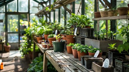 Herbal remedies and plants in a greenhouse