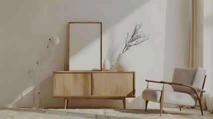 Creative composition of living room interior with mock up poster frame copy space wooden sideboard vase with branch gray armchair beige rug and personal accessories Home decor Template : Generative AI