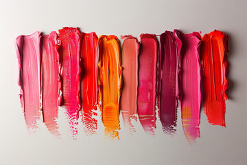 Fototapeta premium Array of vibrant lipstick smears in various shades, artistically displayed in a row on a white background for makeup and beauty concepts
