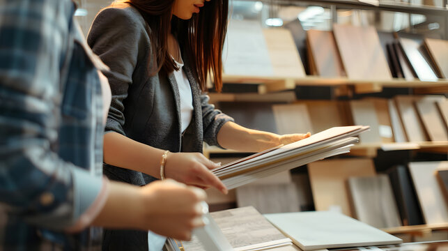 interior designer and customer choosing furniture and flooring materials from samples at design shop : Generative AI