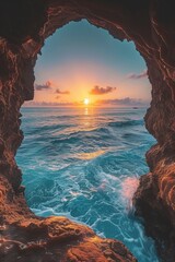 A breathtaking sunrise scene viewed from the mouth of a sea cave, where the sun illuminates vibrant blue ocean waves.