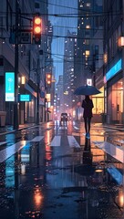 Naklejka premium Rainy city street, cars, woman with umbrella, Anime style illustration, anime background