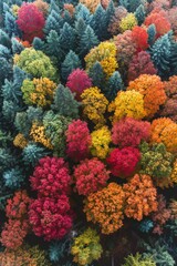 A stunning aerial photograph captures a forest in autumn, showcasing a breathtaking array of red, orange, and yellow foliage.
