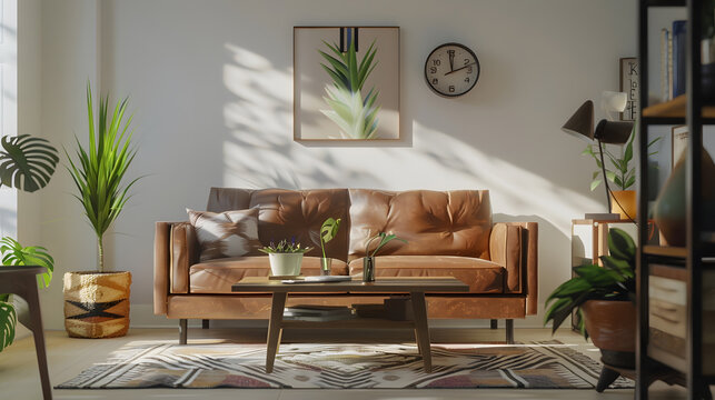 Modern living room interior with mock up poster frame brown sofa wooden coffee table patterned rug round clock plants beige ccurtain desk and personal accessories Home decor Template : Generative AI