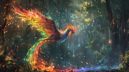 Showcase a digital artwork of a phoenix rising from ashes, adorned with rainbow feathers, set in a mythical forest, focus on whimsical and dynamic elements, using Multilayer
