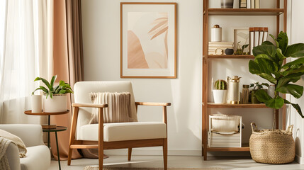 Fototapeta premium Stylish living room interior design with mock up poster frame wooden armchair shelf side table plants and creative home accessories Eucalyptus wall Home staging Template Copy space : Generative AI