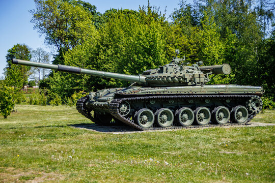 tank t80, armored vehicles with dynamic protection unit on street in green khaki color